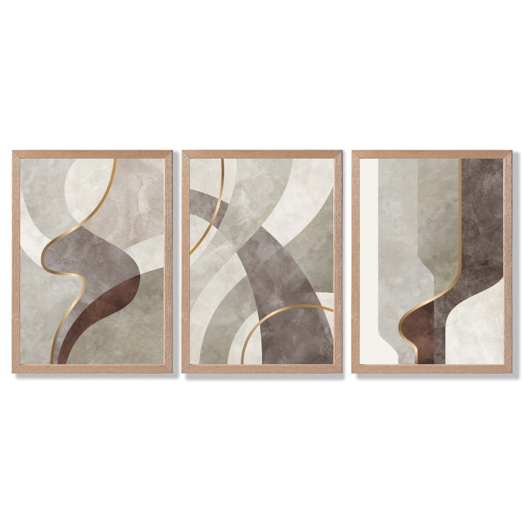 Beige und Braun, 3er-Set abstrakter, gerahmter Kunstdrucke mit Wirbelmuster