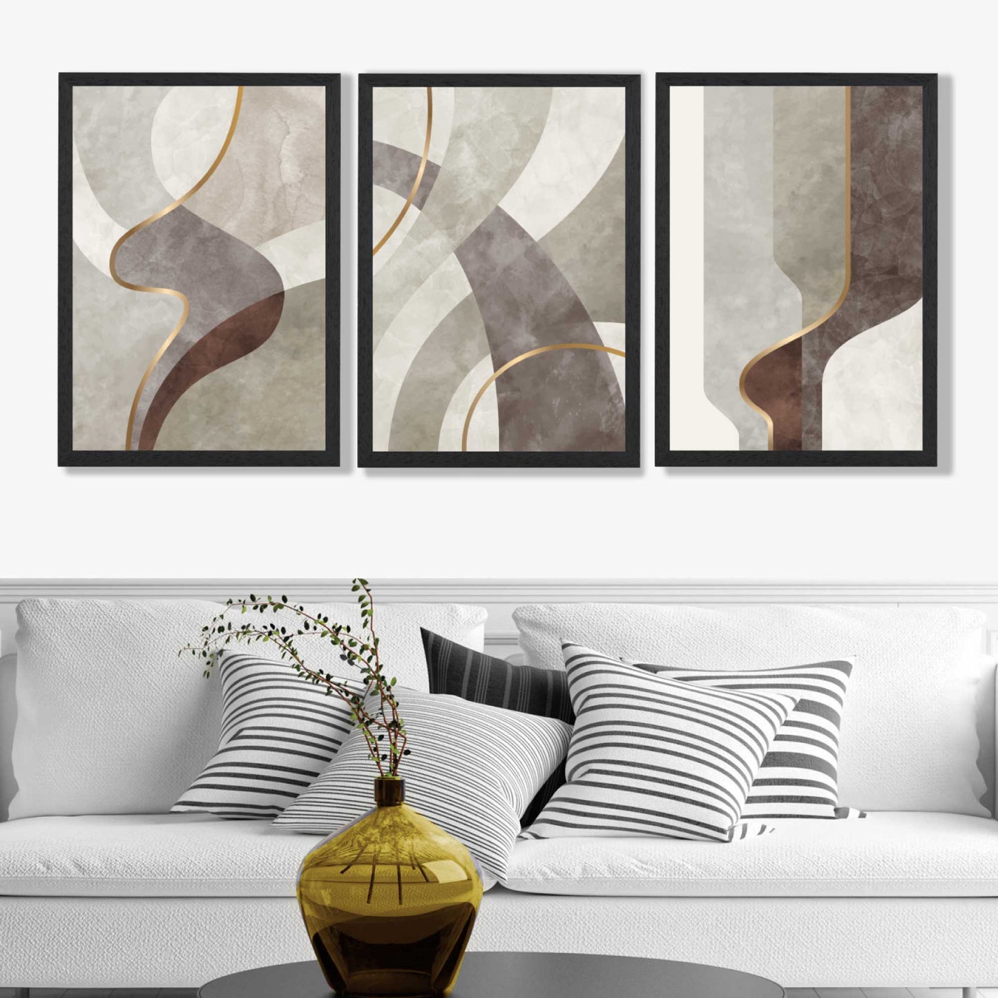 Beige und Braun, 3er-Set abstrakter, gerahmter Kunstdrucke mit Wirbelmuster