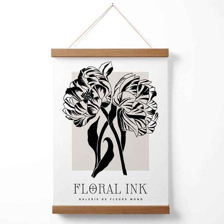 Poster mit Kamelienmotiv, schwarz-beige, florale Tuschezeichnung, inklusive Aufhänger