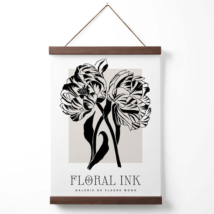 Poster mit Kamelienmotiv, schwarz-beige, florale Tuschezeichnung, inklusive Aufhänger