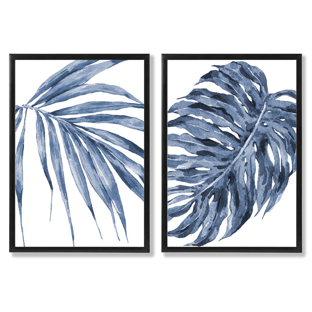 Blaue Monstera Papyrus Aquarellrahmen Set mit 2 Kunstdrucken