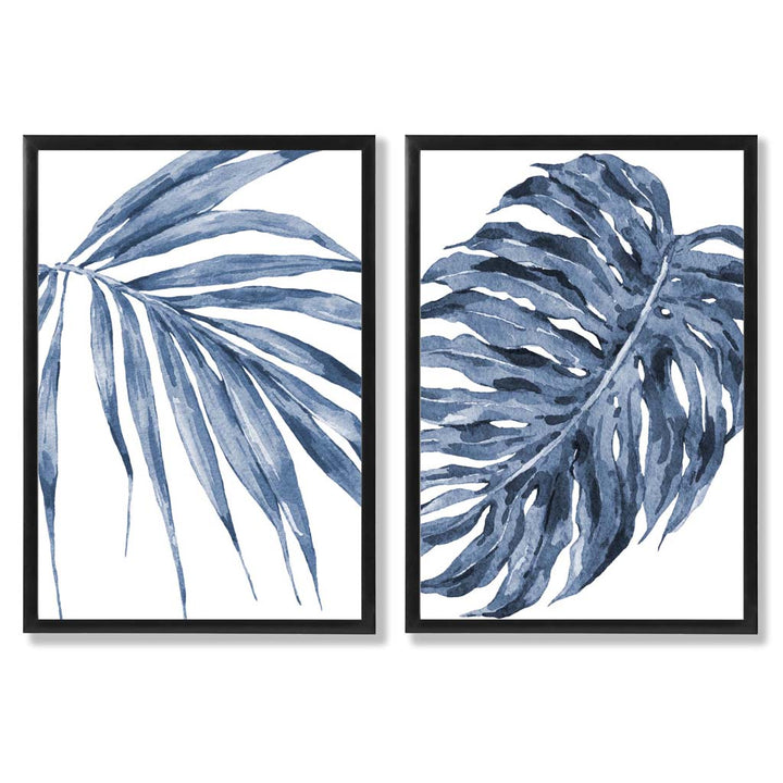Blaue Monstera Papyrus Aquarellrahmen Set mit 2 Kunstdrucken