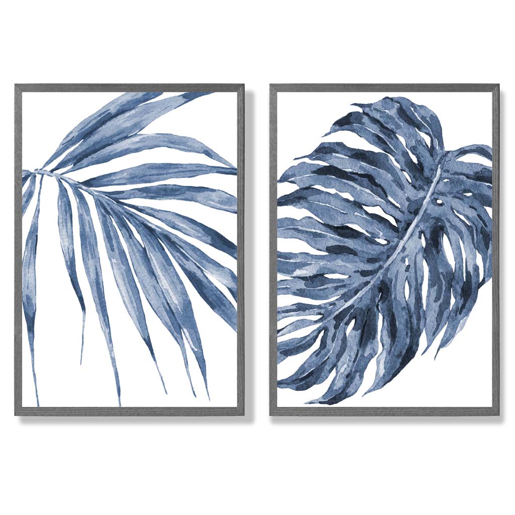 Blaue Monstera Papyrus Aquarellrahmen Set mit 2 Kunstdrucken