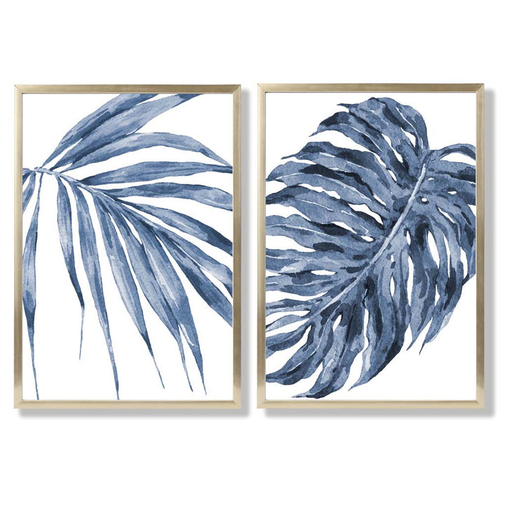 Blaue Monstera Papyrus Aquarellrahmen Set mit 2 Kunstdrucken