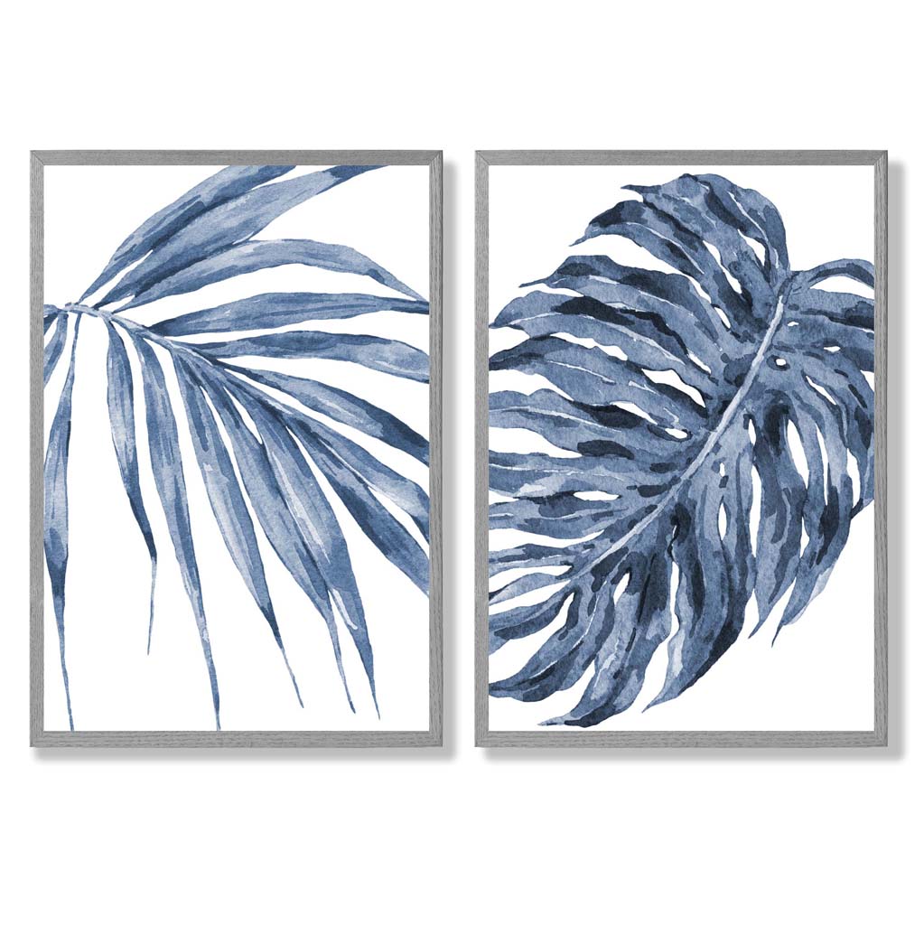 Blaue Monstera Papyrus Aquarellrahmen Set mit 2 Kunstdrucken