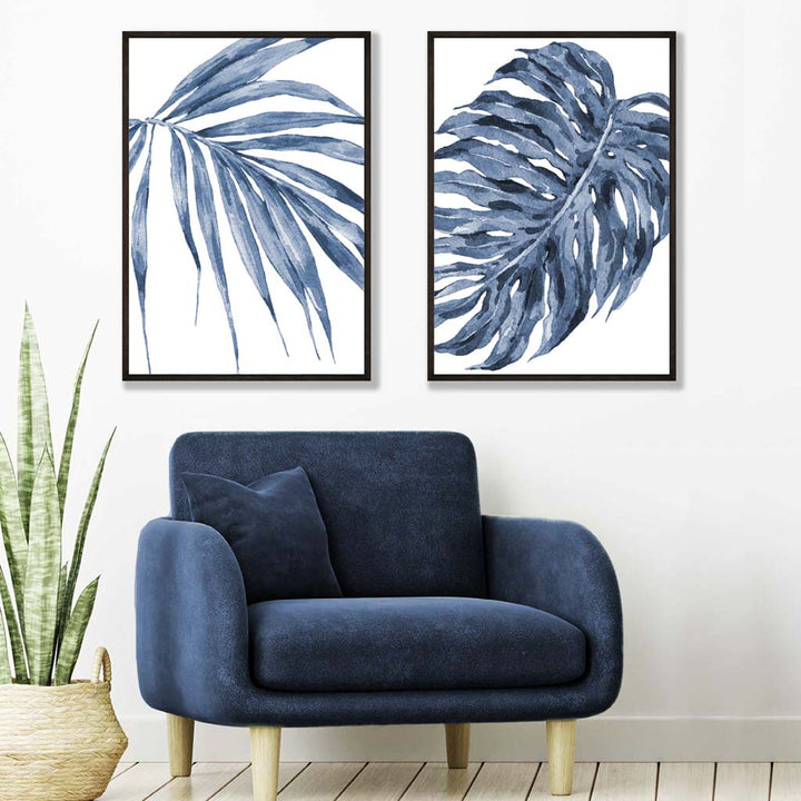 Blaue Monstera Papyrus Aquarellrahmen Set mit 2 Kunstdrucken