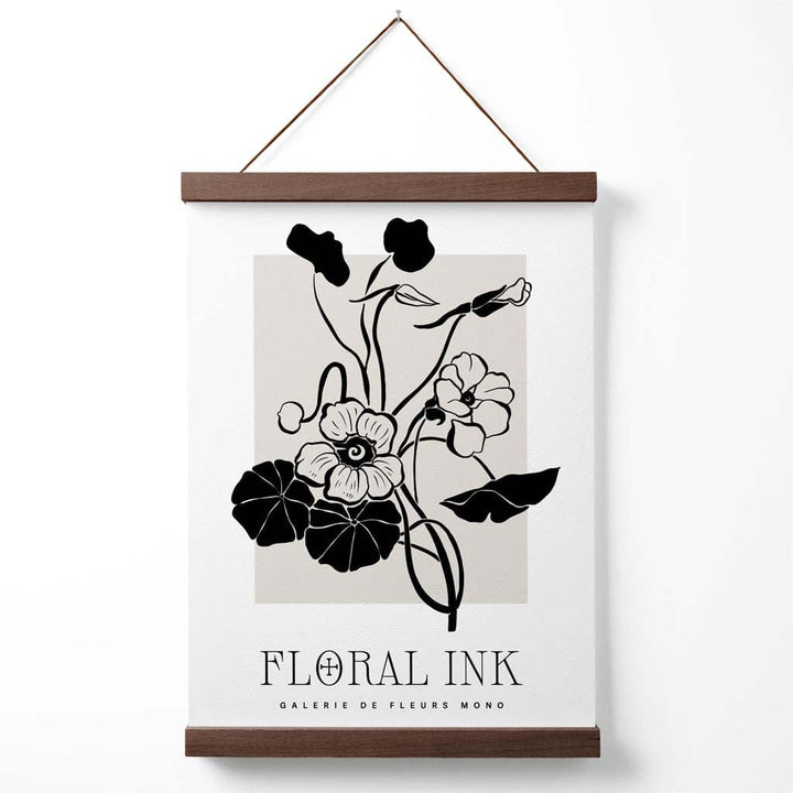 Poster mit Tuschezeichnung von Kapuzinerkresseblüten in Schwarz und Beige, inklusive Aufhänger