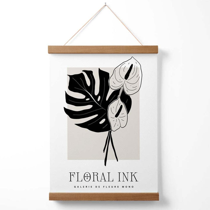 Arum-Lilien-Poster mit floraler Tuschezeichnung in Schwarz und Beige, inklusive Aufhänger