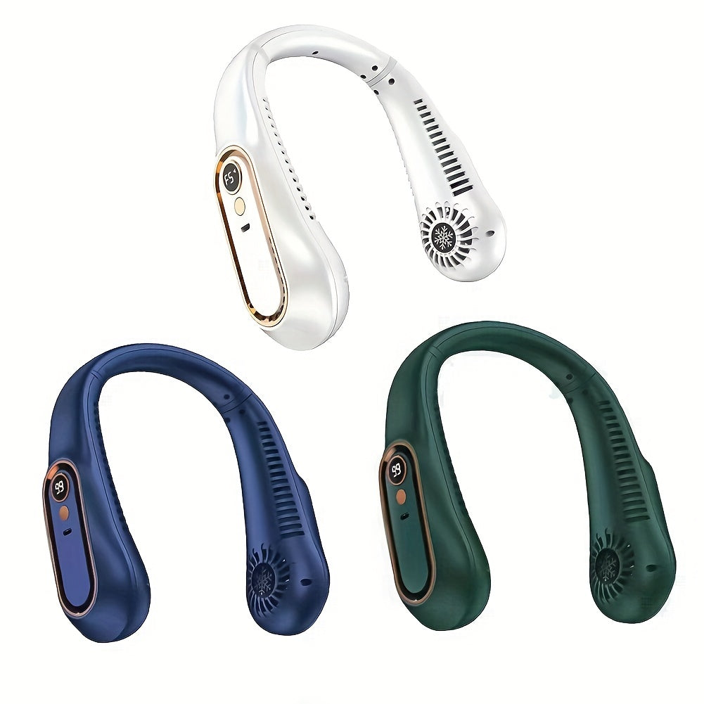 Bleib cool und bequem mit diesem USB-wiederaufladbaren Nackenventilator mit 5 Geschwindigkeitsstufen - Digitalanzeige und bladeloos! | Karnz