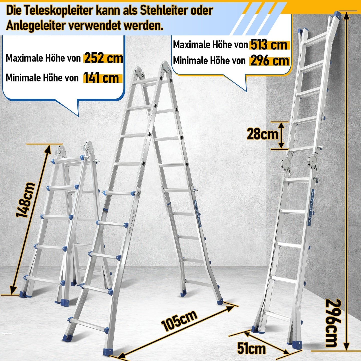 Teleskopleiter Multifunktionsleiter 3 in 1 Aluleiter | Karnz