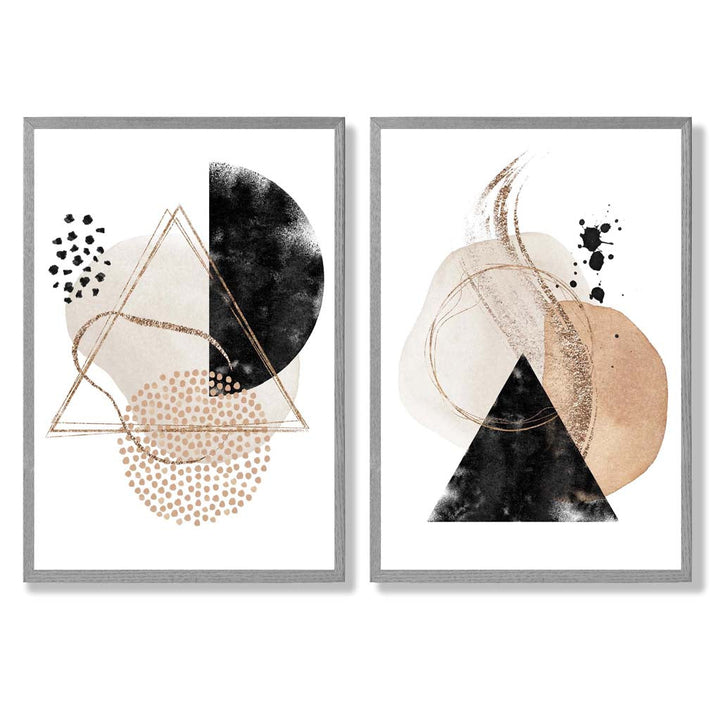 Set aus 2 Kunstdrucken mit beigefarbenen und schwarzen abstrakten Formen in Rahmen