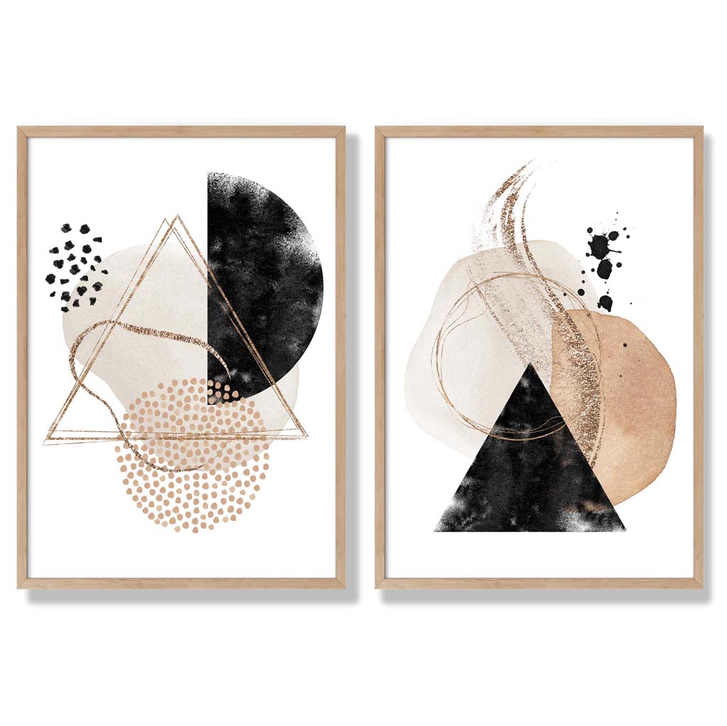 Set aus 2 Kunstdrucken mit beigefarbenen und schwarzen abstrakten Formen in Rahmen