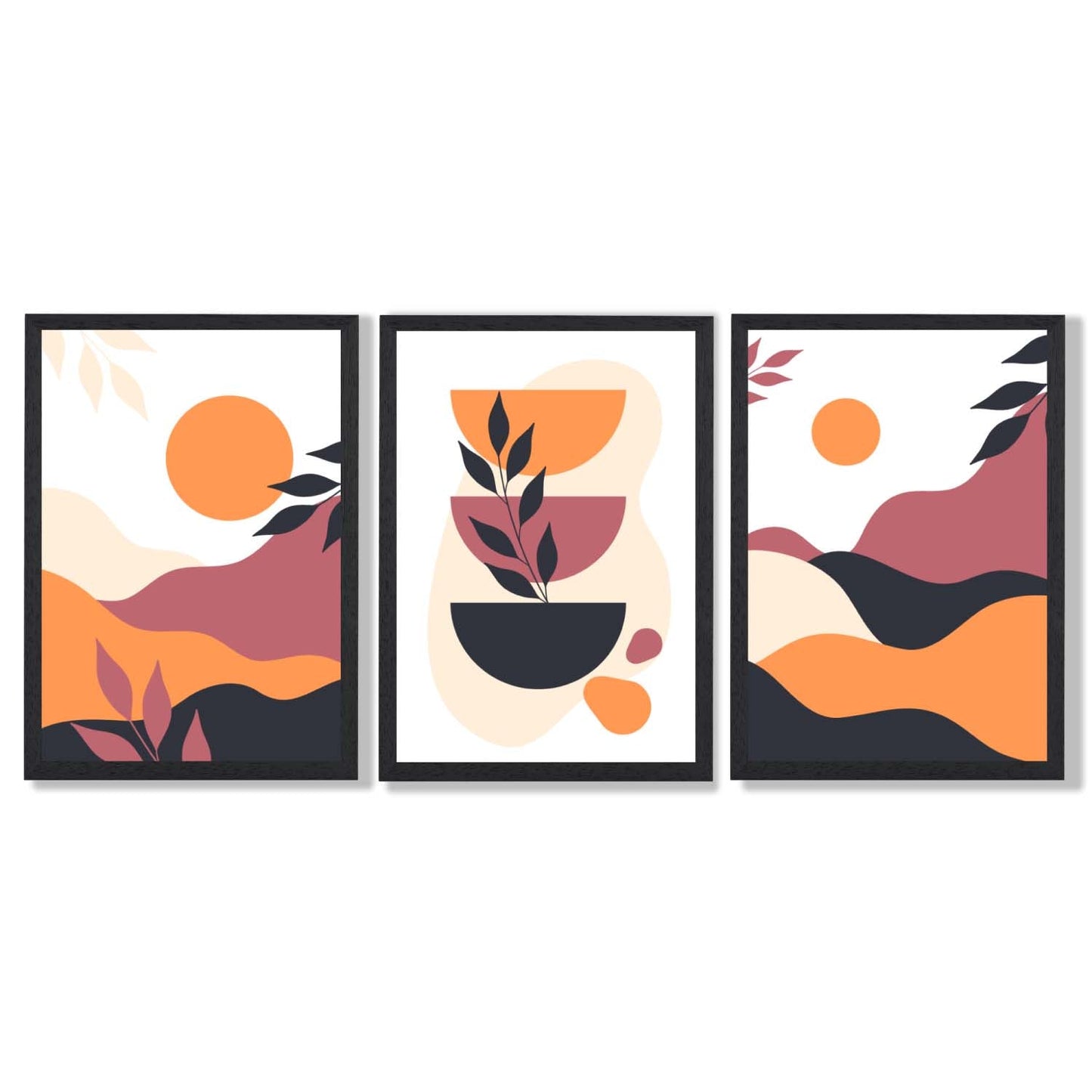 Boho-Stil, leuchtendes Pink-Orange, 3er-Set gerahmter Kunstdrucke