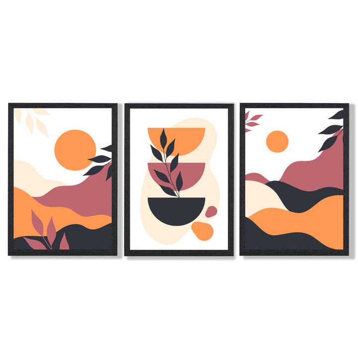 Boho-Stil, leuchtendes Pink-Orange, 3er-Set gerahmter Kunstdrucke