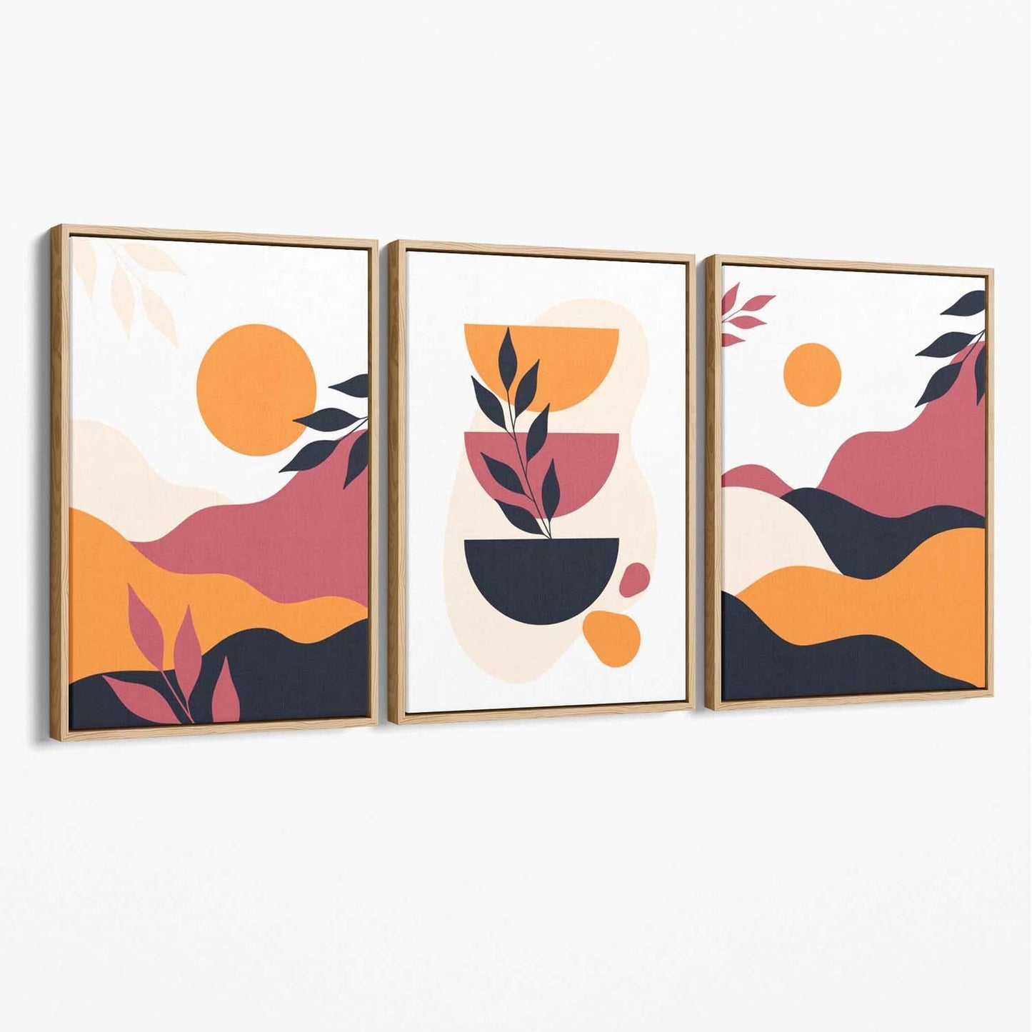 Boho-Stil, leuchtendes Pink-Orange, 3er-Set Leinwanddrucke