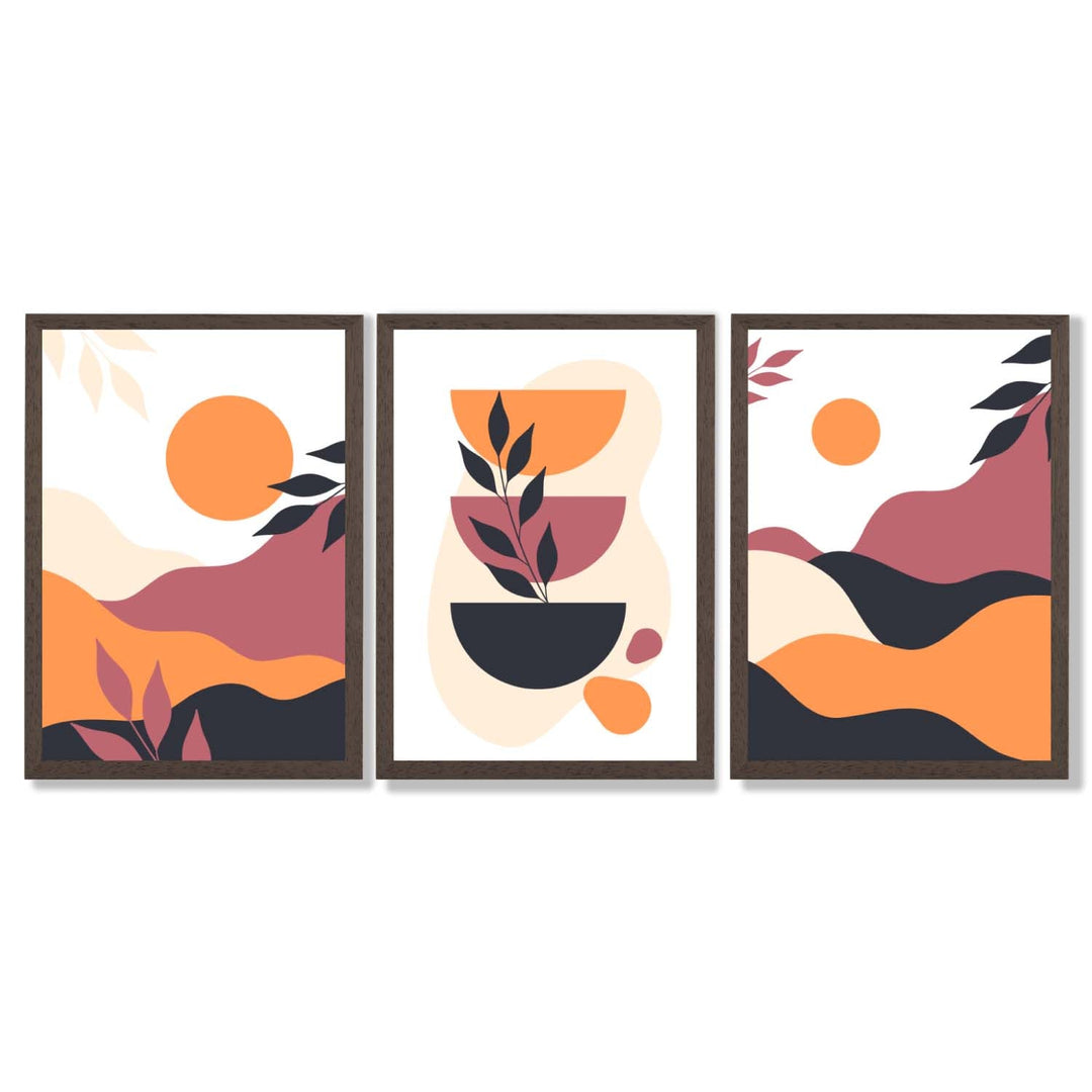 Boho-Stil, leuchtendes Pink-Orange, 3er-Set gerahmter Kunstdrucke