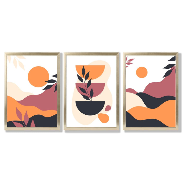 Boho-Stil, leuchtendes Pink-Orange, 3er-Set gerahmter Kunstdrucke