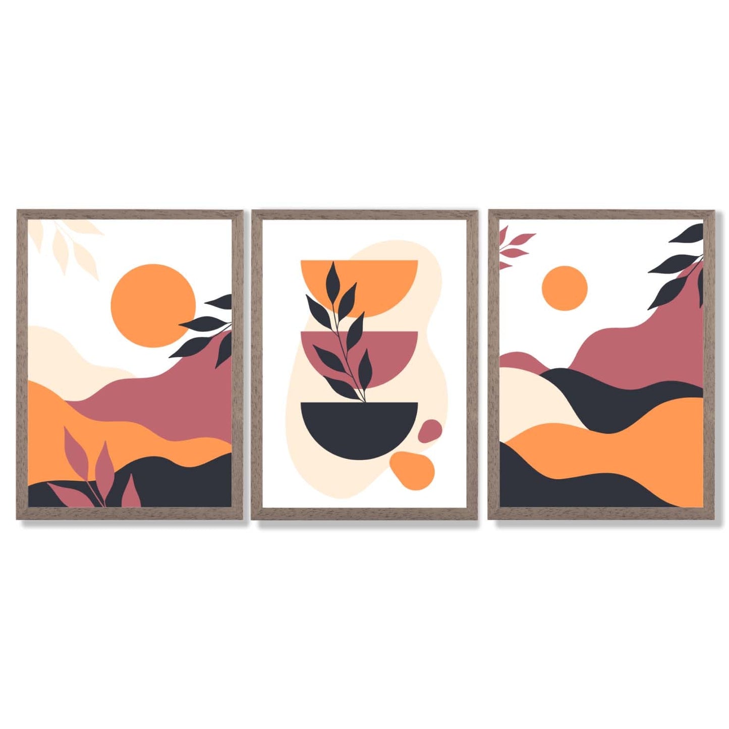 Boho-Stil, leuchtendes Pink-Orange, 3er-Set gerahmter Kunstdrucke