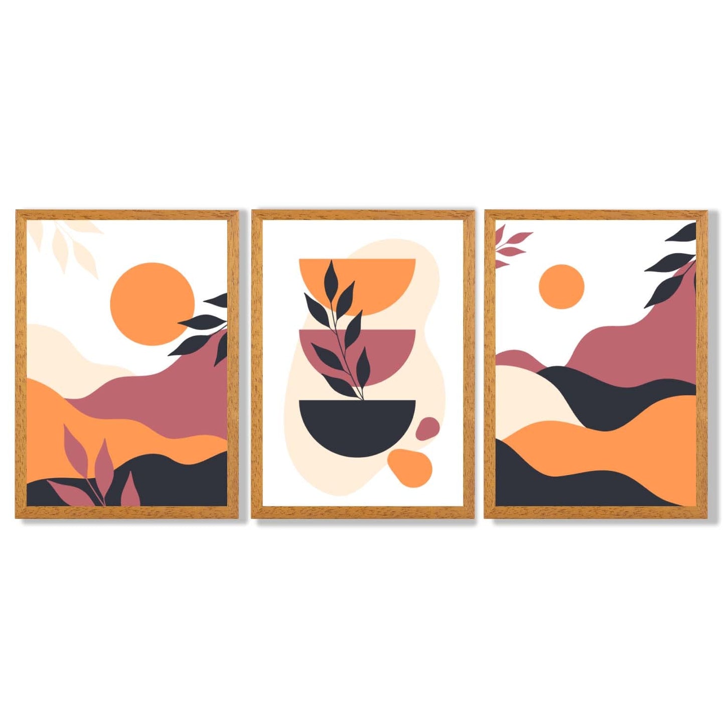 Boho-Stil, leuchtendes Pink-Orange, 3er-Set gerahmter Kunstdrucke