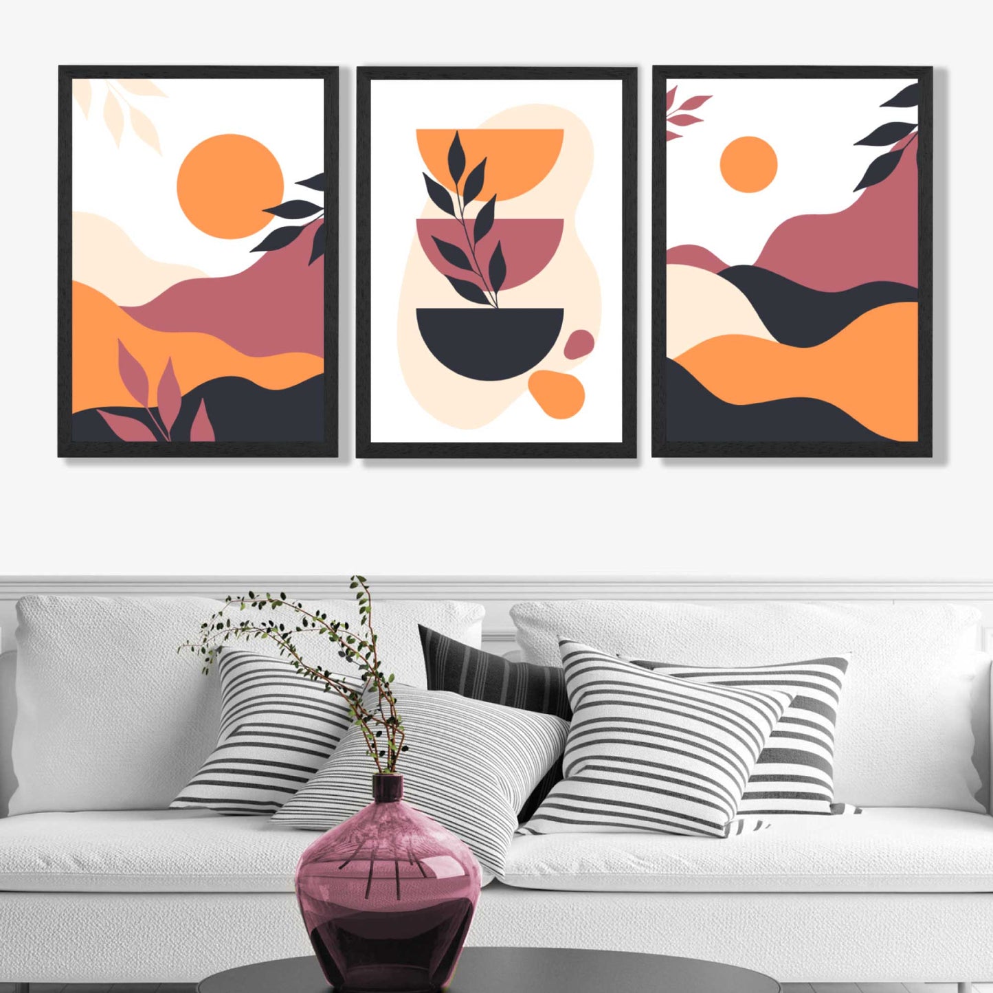 Boho-Stil, leuchtendes Pink-Orange, 3er-Set gerahmter Kunstdrucke