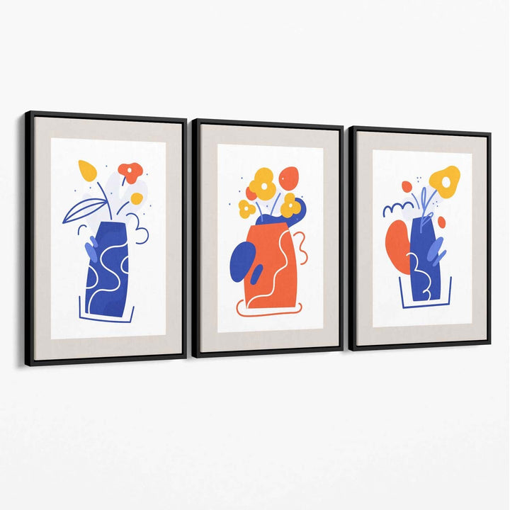 Boho-minimalistisches Blumenmuster in Blau und Orange, 3er-Set Leinwanddrucke