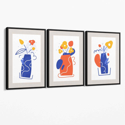 Boho-minimalistisches Blumenmuster in Blau und Orange, 3er-Set Leinwanddrucke