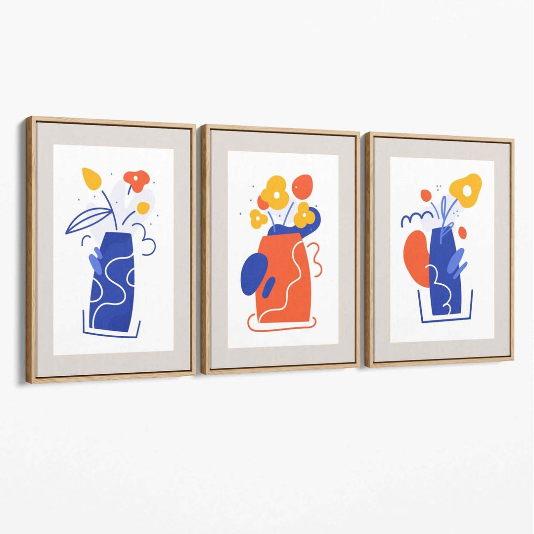 Boho-minimalistisches Blumenmuster in Blau und Orange, 3er-Set Leinwanddrucke