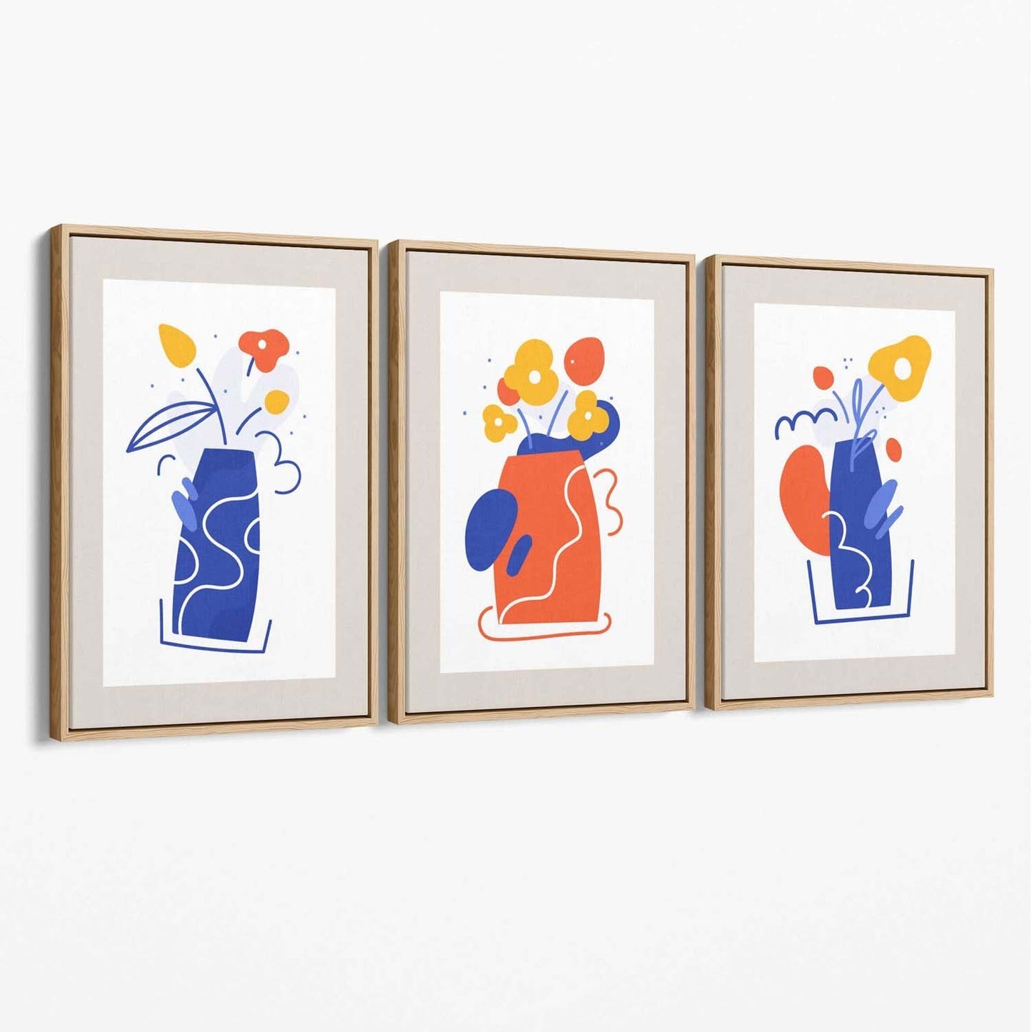 Boho-minimalistisches Blumenmuster in Blau und Orange, 3er-Set Leinwanddrucke
