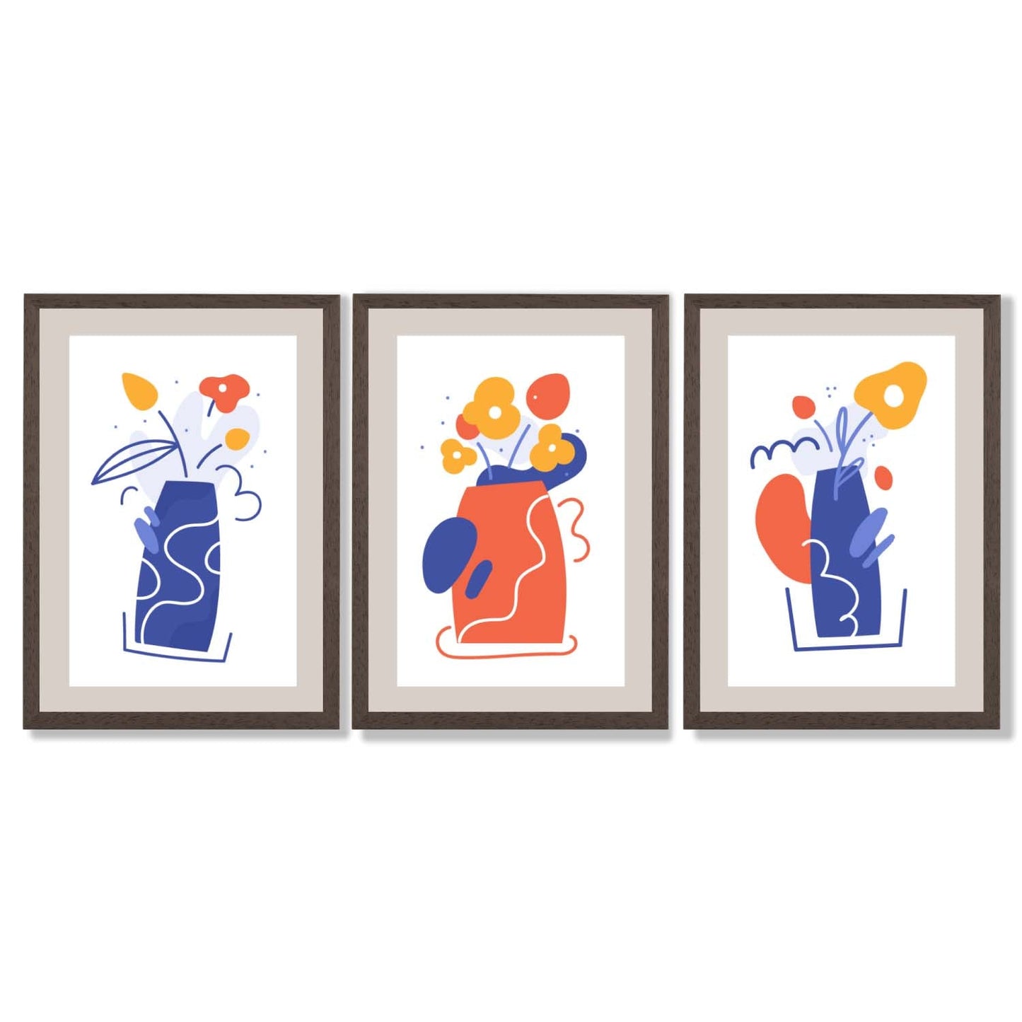 Boho-minimalistischer, floraler Kunstdruck in Blau und Orange – 3er-Set gerahmte Kunstdrucke