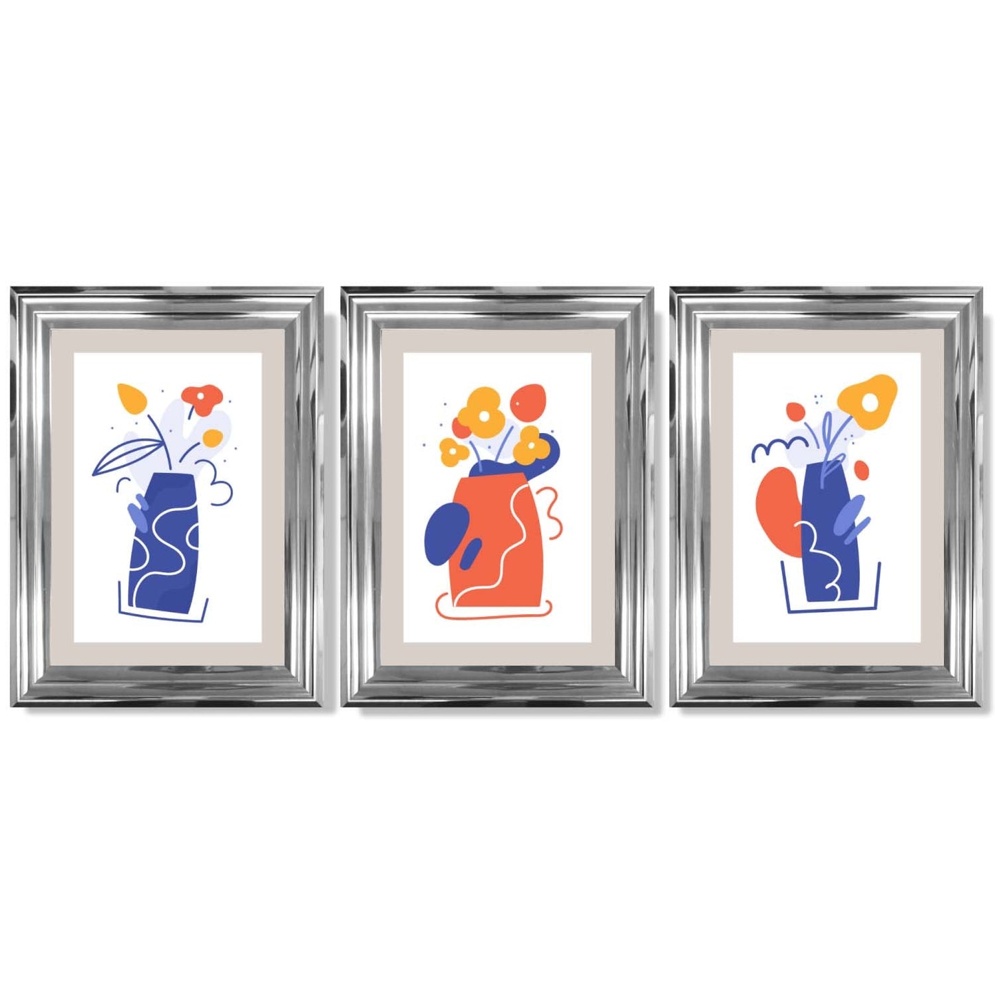 Boho-minimalistischer, floraler Kunstdruck in Blau und Orange – 3er-Set gerahmte Kunstdrucke