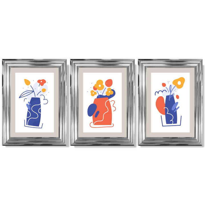 Boho-minimalistischer, floraler Kunstdruck in Blau und Orange – 3er-Set gerahmte Kunstdrucke