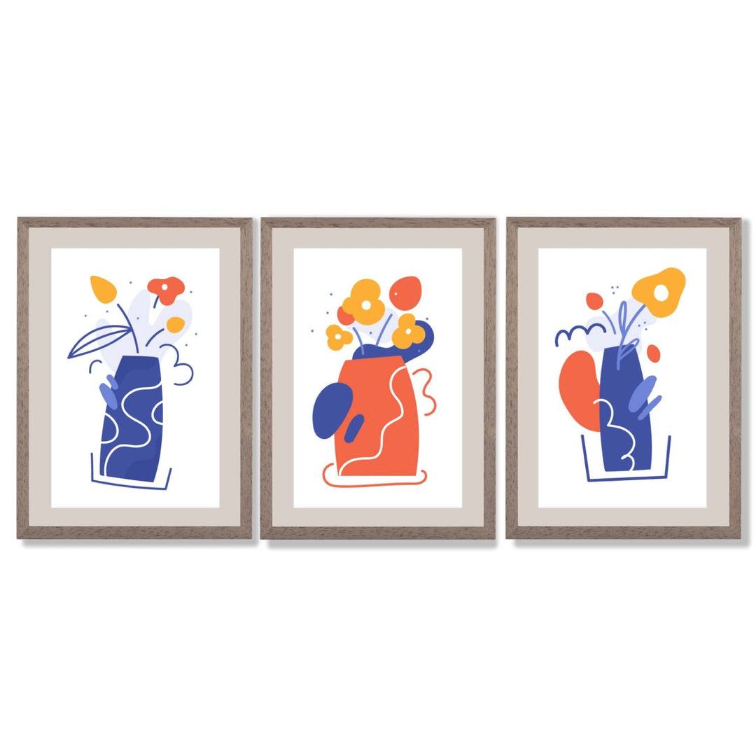 Boho-minimalistischer, floraler Kunstdruck in Blau und Orange – 3er-Set gerahmte Kunstdrucke