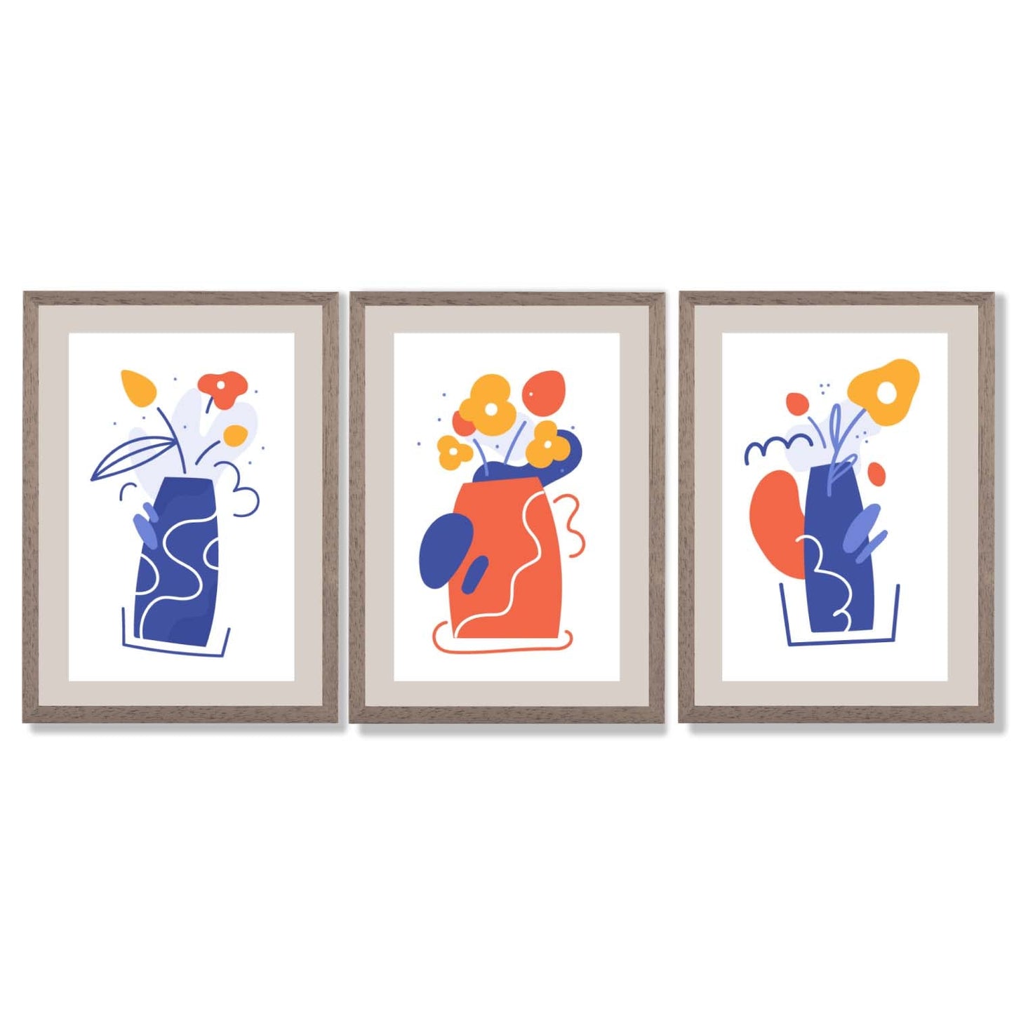 Boho-minimalistischer, floraler Kunstdruck in Blau und Orange – 3er-Set gerahmte Kunstdrucke