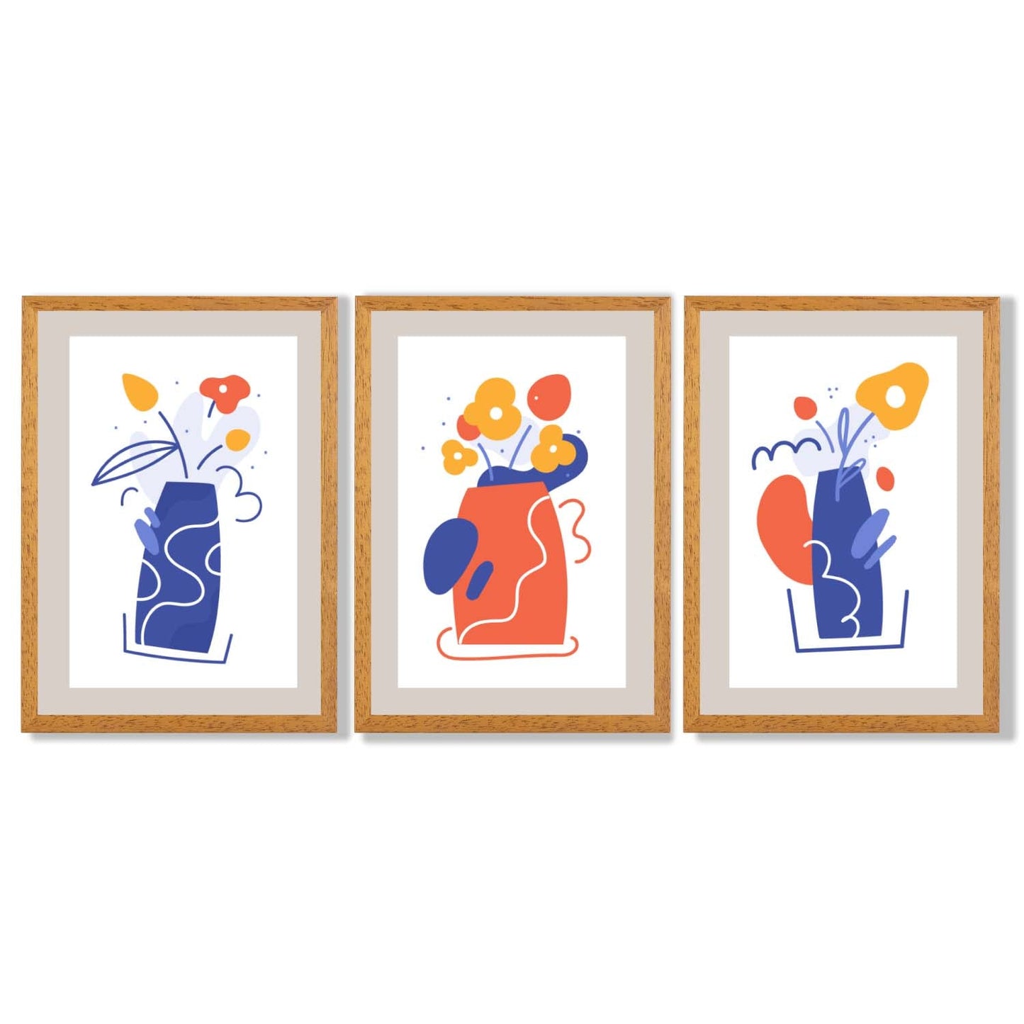 Boho-minimalistischer, floraler Kunstdruck in Blau und Orange – 3er-Set gerahmte Kunstdrucke