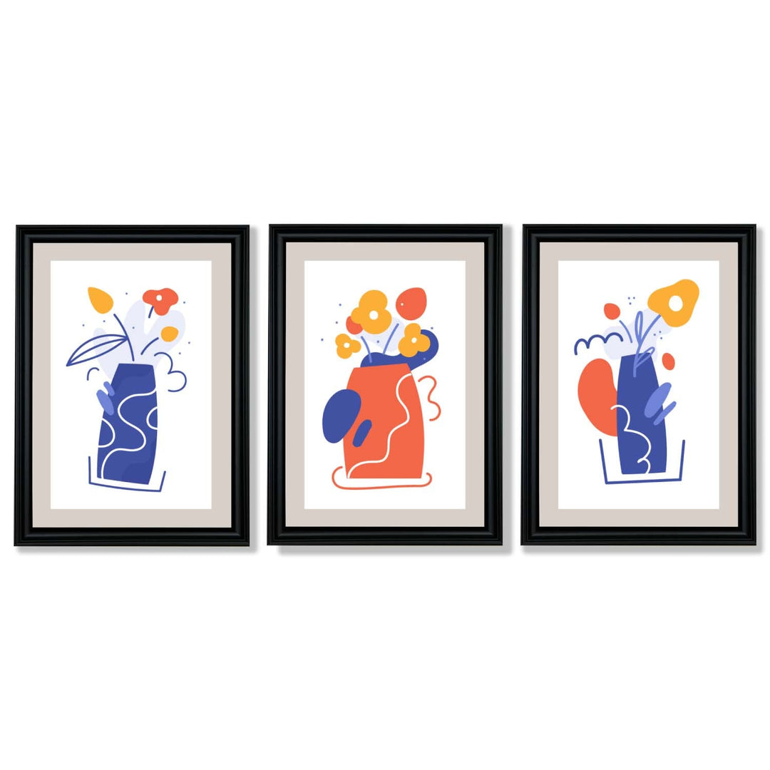 Boho-minimalistischer, floraler Kunstdruck in Blau und Orange – 3er-Set gerahmte Kunstdrucke
