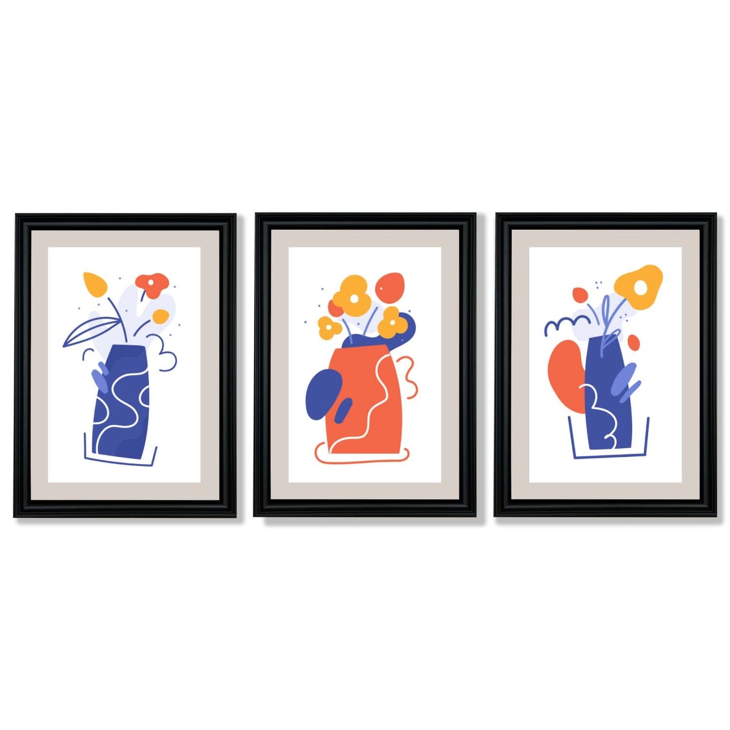 Boho-minimalistischer, floraler Kunstdruck in Blau und Orange – 3er-Set gerahmte Kunstdrucke