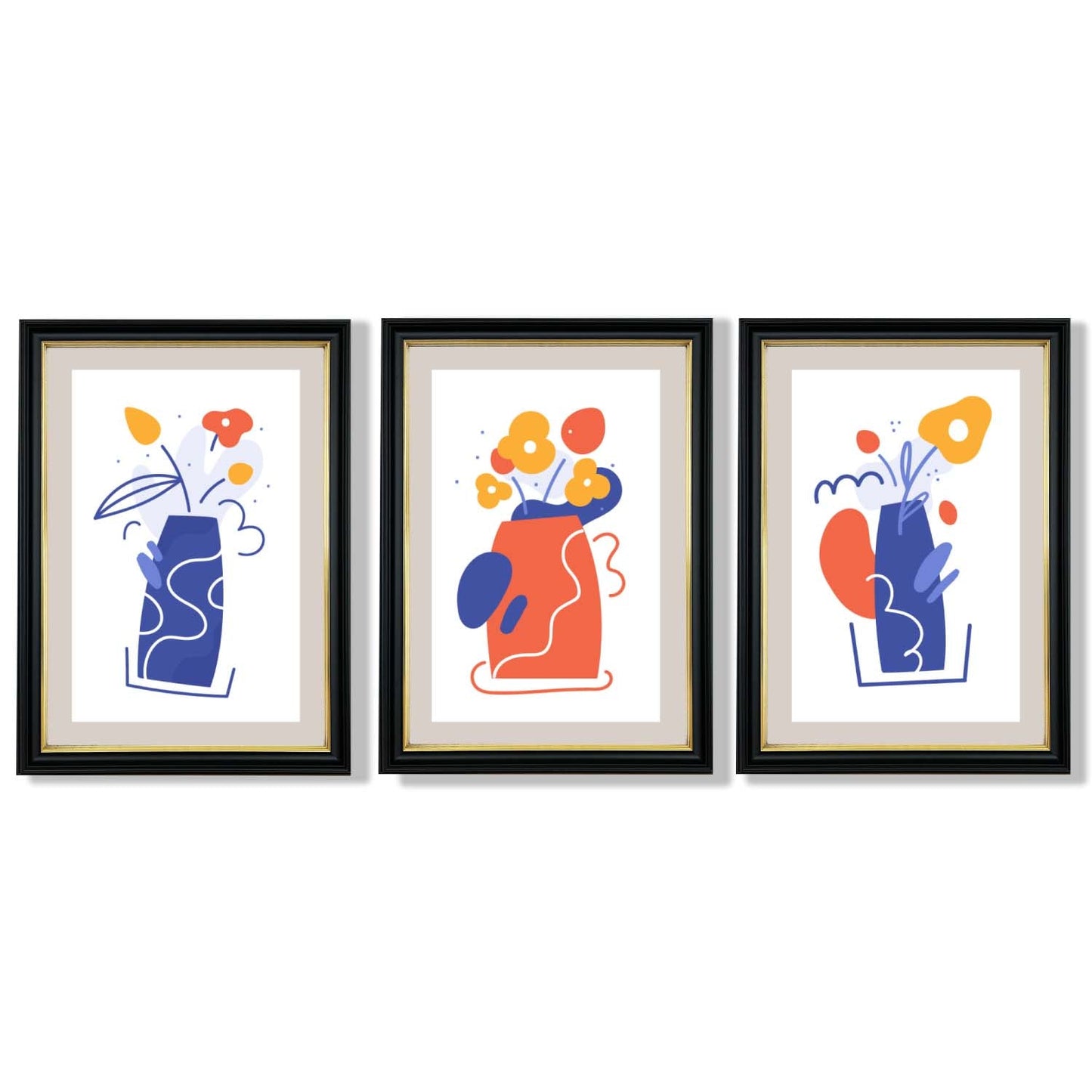 Boho-minimalistischer, floraler Kunstdruck in Blau und Orange – 3er-Set gerahmte Kunstdrucke