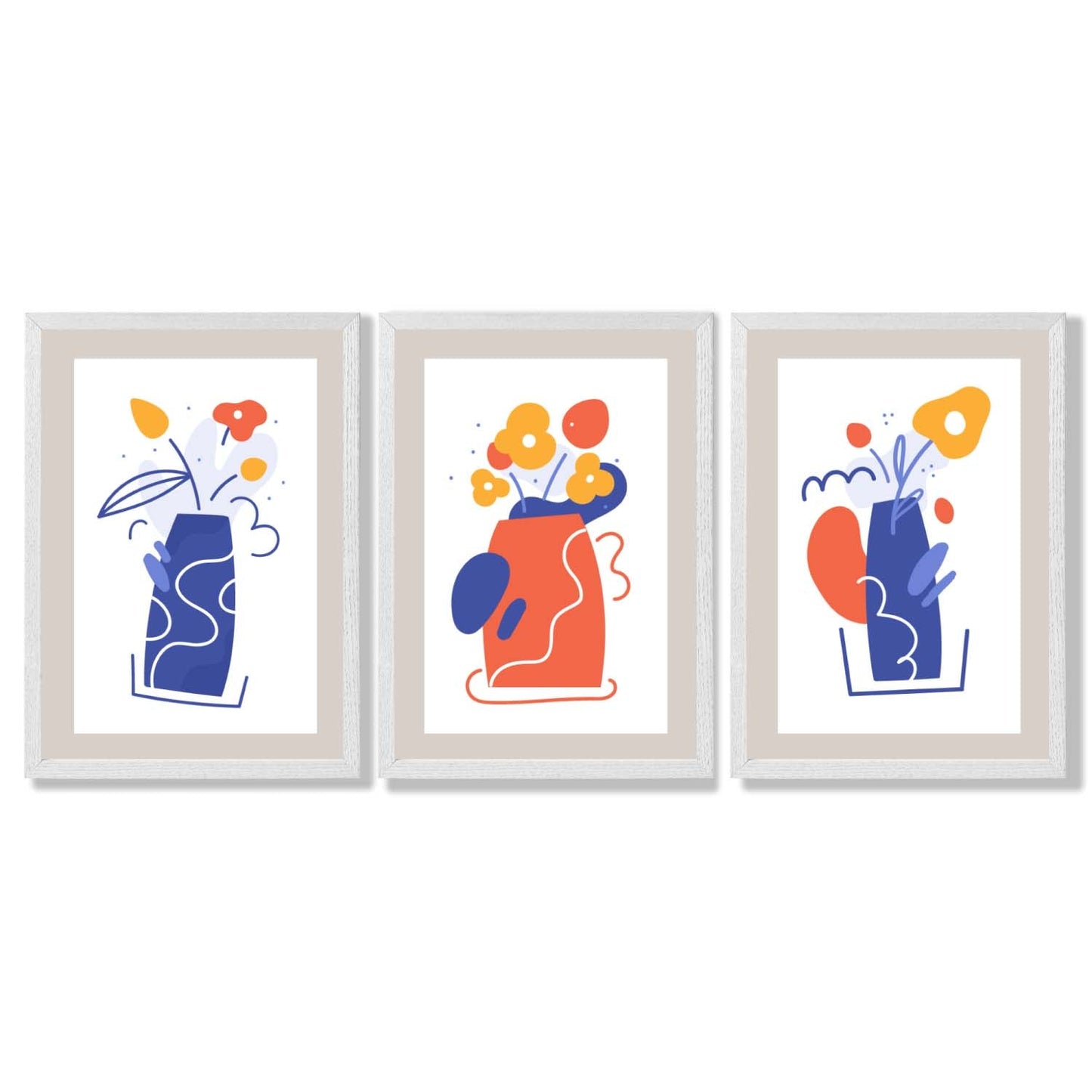 Boho-minimalistischer, floraler Kunstdruck in Blau und Orange – 3er-Set gerahmte Kunstdrucke