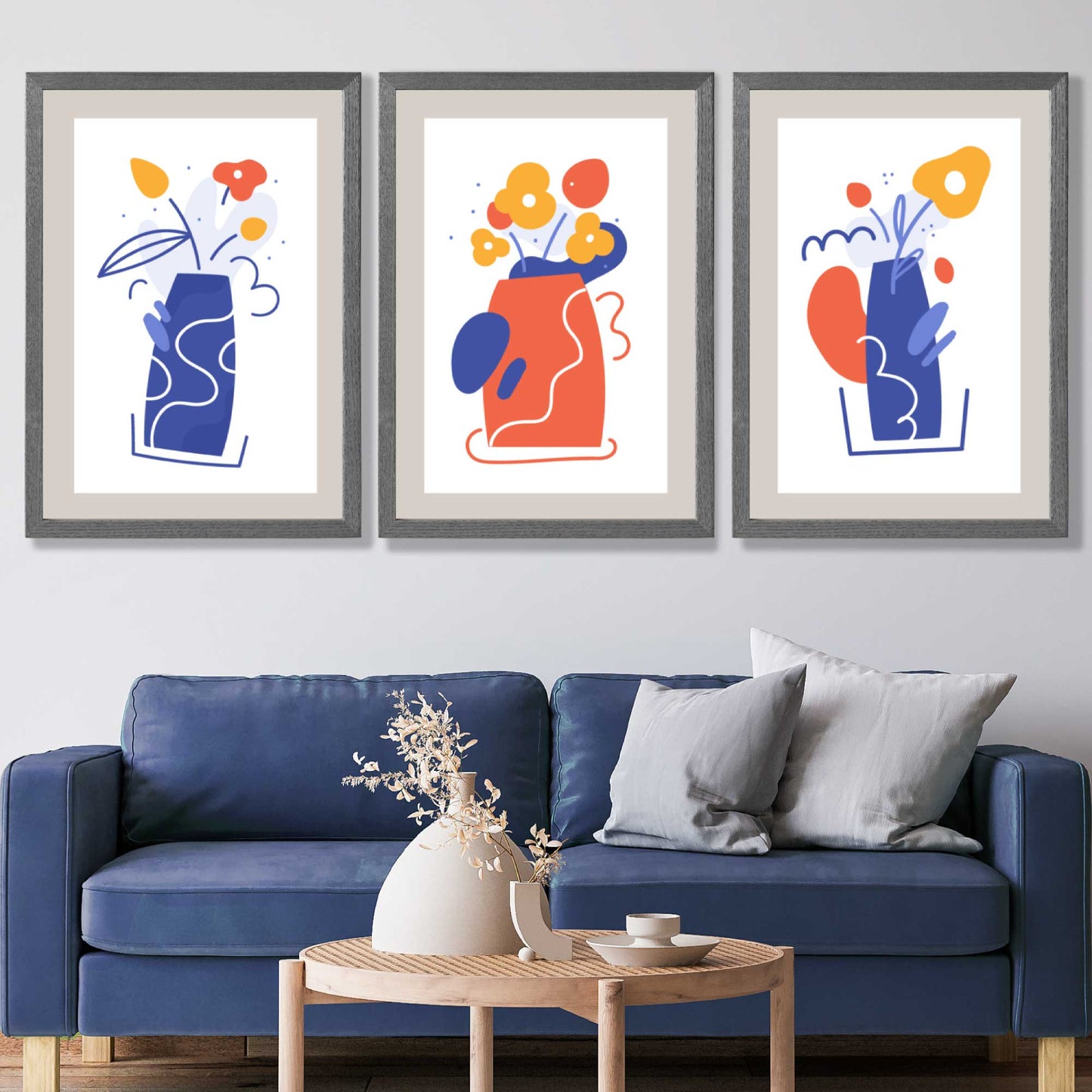 Boho-minimalistisches florales blau-oranges Set aus 3 Kunstdrucken