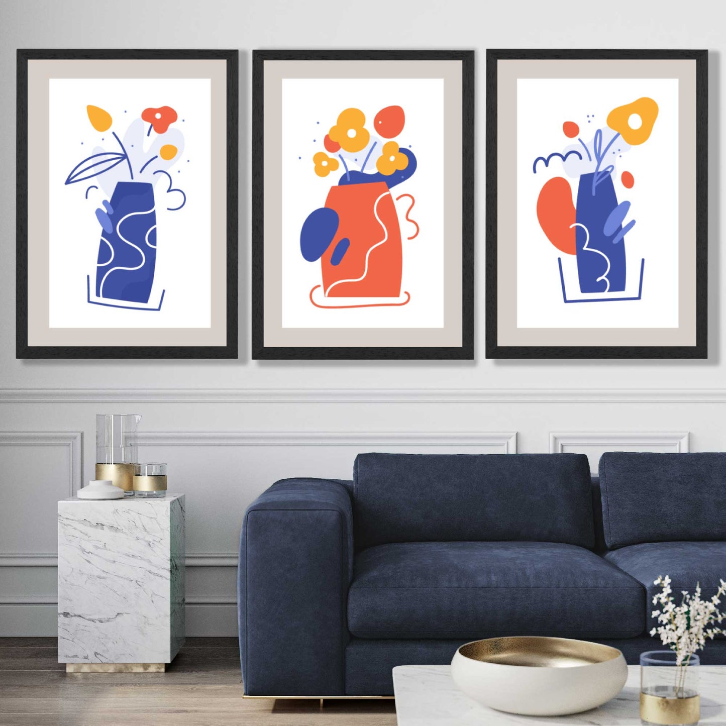 Boho-minimalistischer, floraler Kunstdruck in Blau und Orange – 3er-Set gerahmte Kunstdrucke