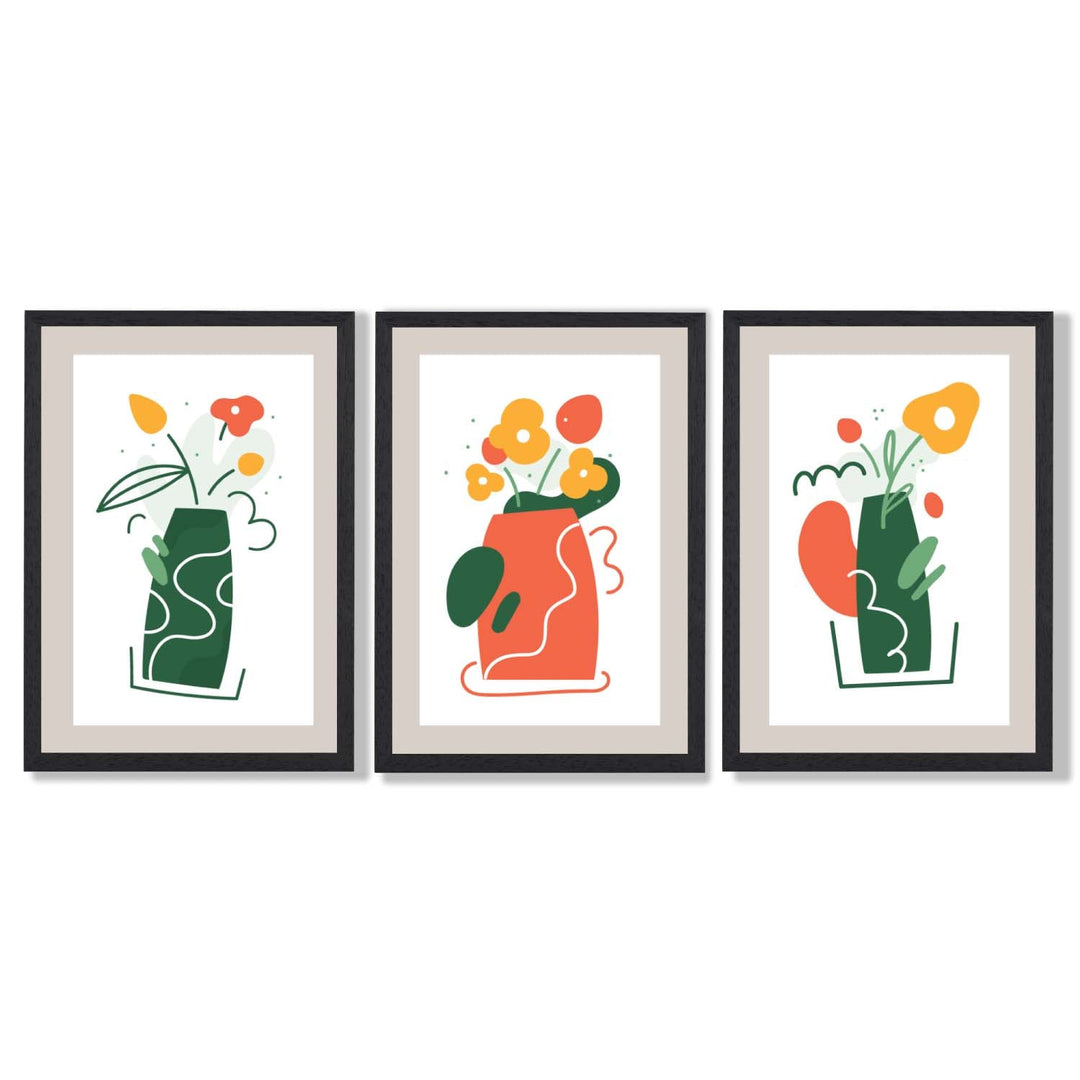 Boho-minimalistischer Kunstdruck mit Blumenmuster in Grün und Orange, 3er-Set gerahmte Kunstdrucke