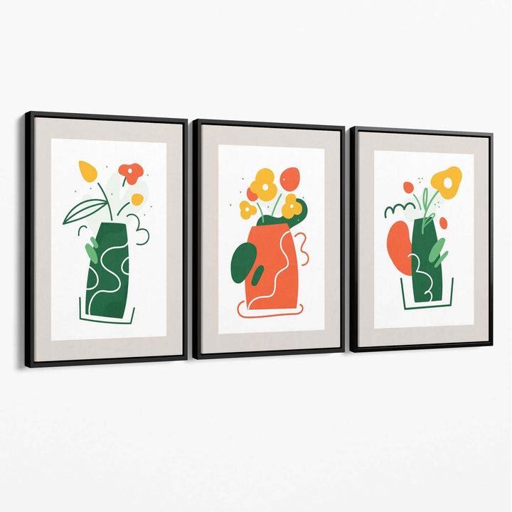 Boho-minimalistisches Blumenmuster in Grün und Orange, 3er-Set Leinwanddrucke