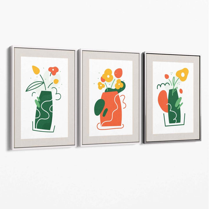 Boho-minimalistisches Blumenmuster in Grün und Orange, 3er-Set Leinwanddrucke
