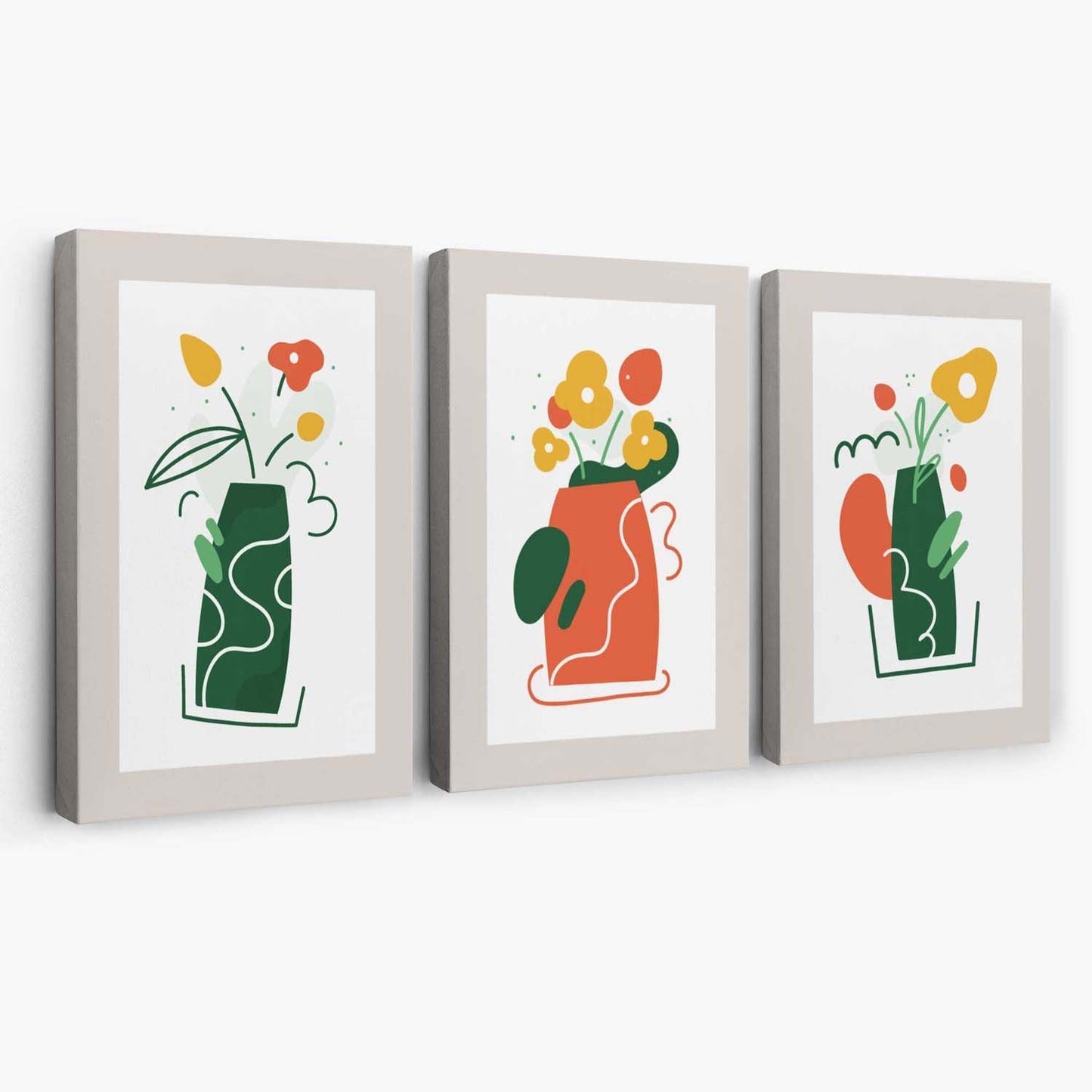 Boho-minimalistisches Blumenmuster in Grün und Orange, 3er-Set Leinwanddrucke