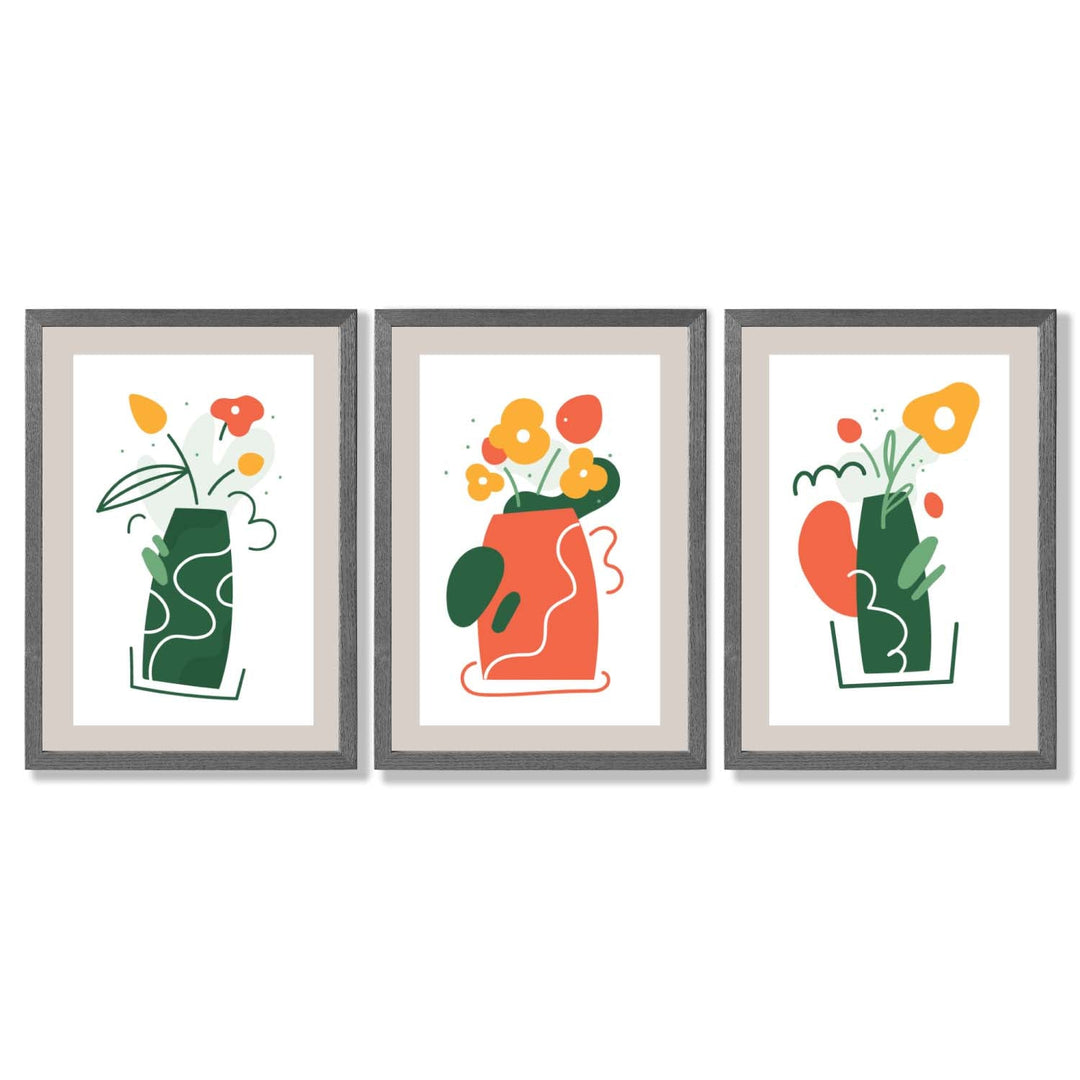 Boho-minimalistischer Kunstdruck mit Blumenmuster in Grün und Orange, 3er-Set gerahmte Kunstdrucke