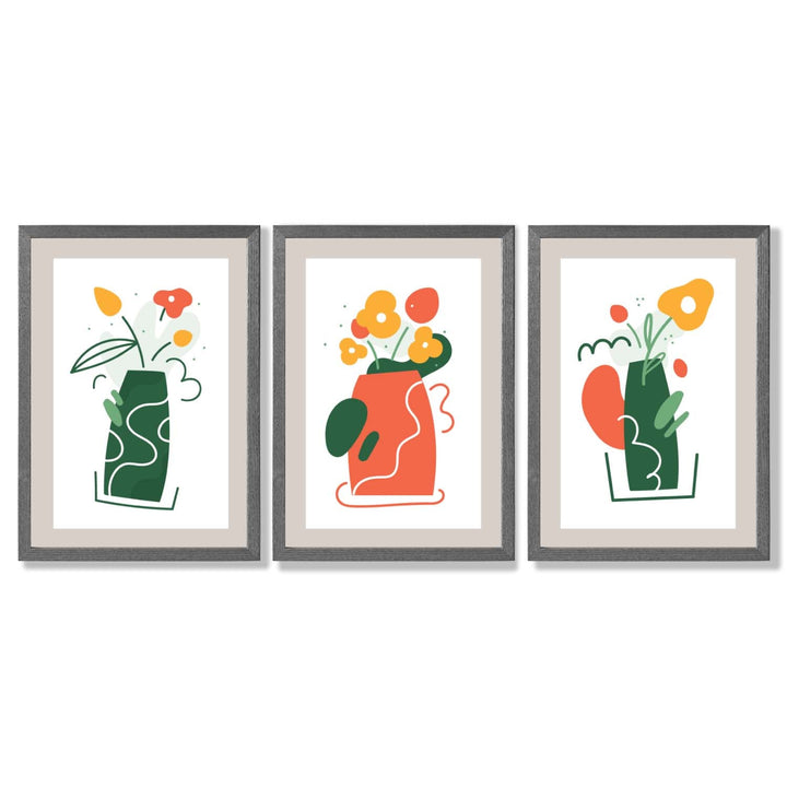 Boho-minimalistischer Kunstdruck mit Blumenmuster in Grün und Orange, 3er-Set gerahmte Kunstdrucke