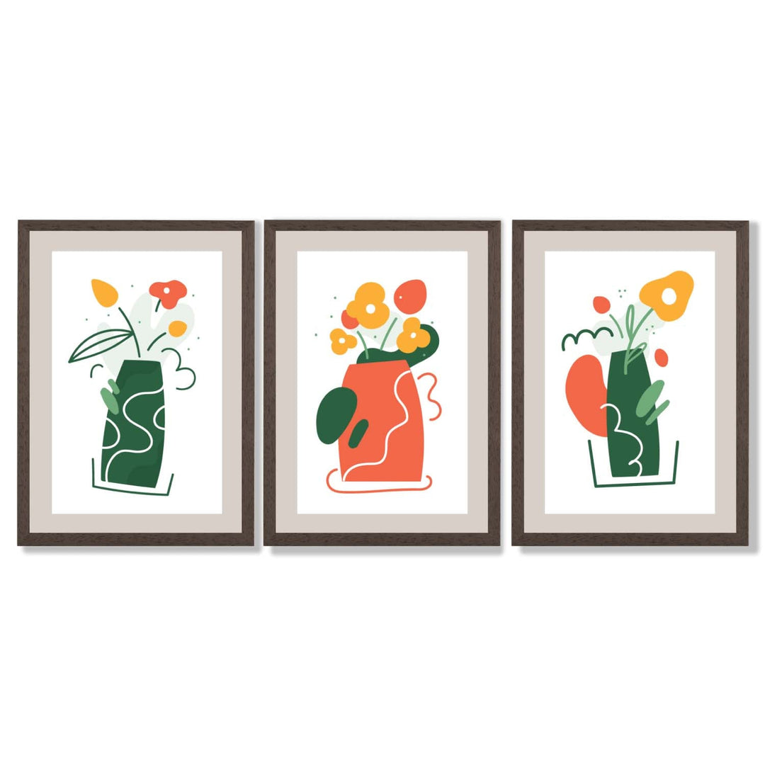 Boho-minimalistischer Kunstdruck mit Blumenmuster in Grün und Orange, 3er-Set gerahmte Kunstdrucke