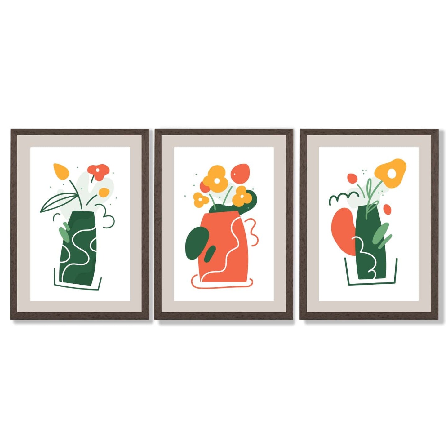 Boho-minimalistischer Kunstdruck mit Blumenmuster in Grün und Orange, 3er-Set gerahmte Kunstdrucke