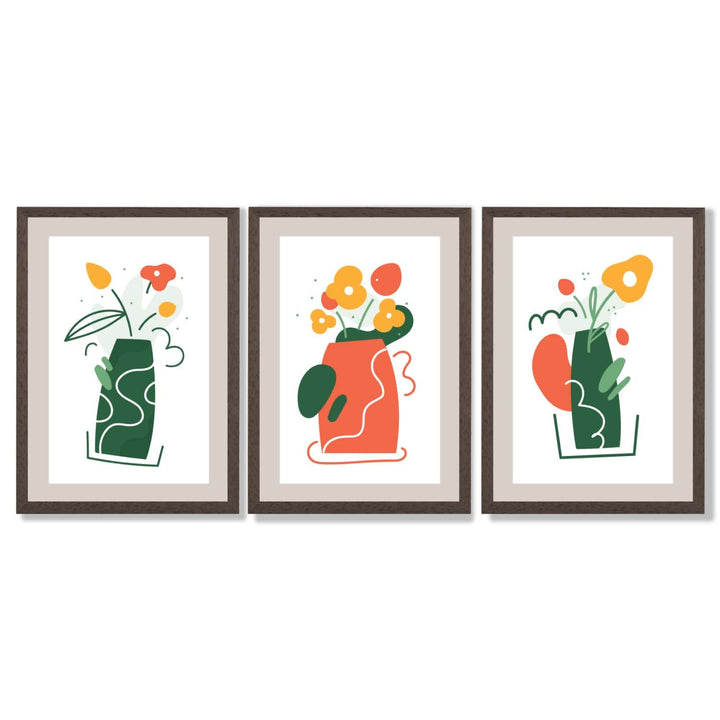 Boho-minimalistischer Kunstdruck mit Blumenmuster in Grün und Orange, 3er-Set gerahmte Kunstdrucke
