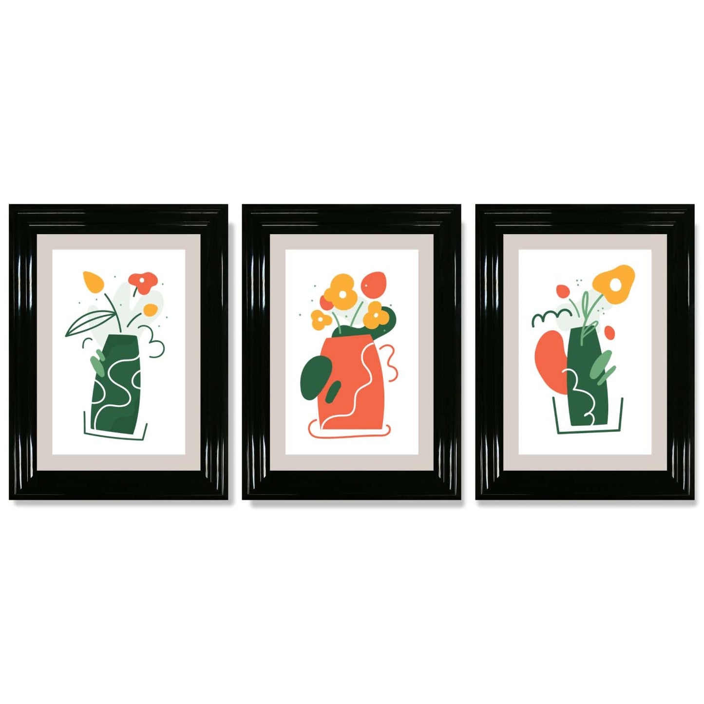 Boho-minimalistischer Kunstdruck mit Blumenmuster in Grün und Orange, 3er-Set gerahmte Kunstdrucke